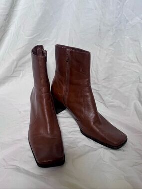 Brown Leather Square-Toe Ankle Boots